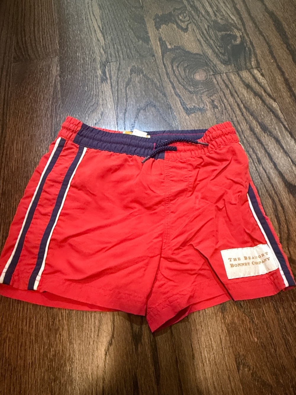 The Beaufort Bonnet Company Red Kids Swim Trunks with Navy & White Stripes